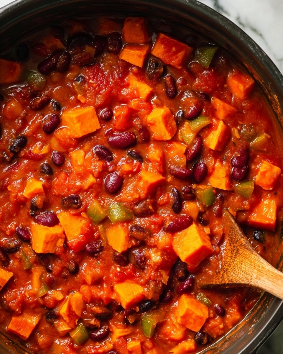 The image shows a close-up of a thick stew with many chunky layers, including bright orange cubed sweet potatoes, dark red kidney beans, black beans, light-colored beans, and small pieces of green bell pepper, all mixed in a rich, red tomato sauce that has a slightly glossy texture. The stew looks hearty and cooked in a dark pot, and there is a wooden spoon stirring the mixture on the right side of the image. The background is a white marbled texture. photo taken with an iphone --ar 4:5 --v 7