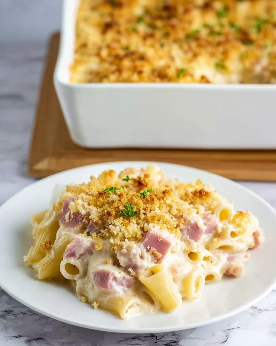 A white plate holds a serving of creamy baked pasta with visible layers: at the bottom, short, thick pasta tubes in pale yellow, topped with chunks of pink ham mixed into a smooth, white cheese sauce, and finished with a golden-brown, crumbly breadcrumb topping scattered with small green herb bits. The background shows a white baking dish with the same casserole, sitting on a wooden surface, all against a white marbled texture. photo taken with an iphone --ar 4:5 --v 7