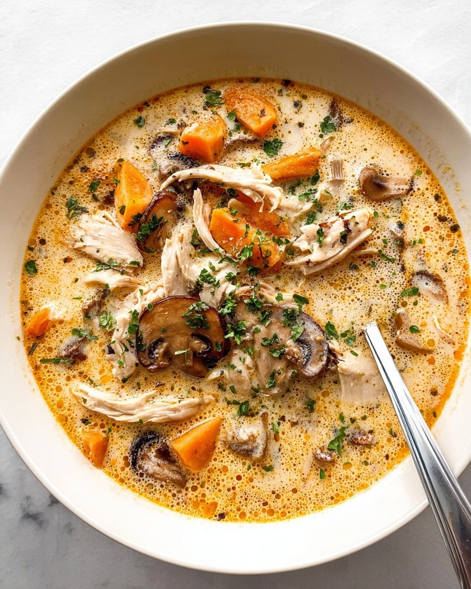 A deep white bowl filled with creamy soup that has a light orange color with small bubbles on the surface; floating on top are several layers of shredded white chicken pieces, soft orange cubes of carrots, and sliced brown mushrooms with a slightly grilled look; bright green chopped herbs are sprinkled evenly across the soup, adding fresh color and texture; a silver spoon is placed inside the bowl, resting on the right edge; the bowl sits on a white marbled surface. photo taken with an iphone --ar 4:5 --v 7