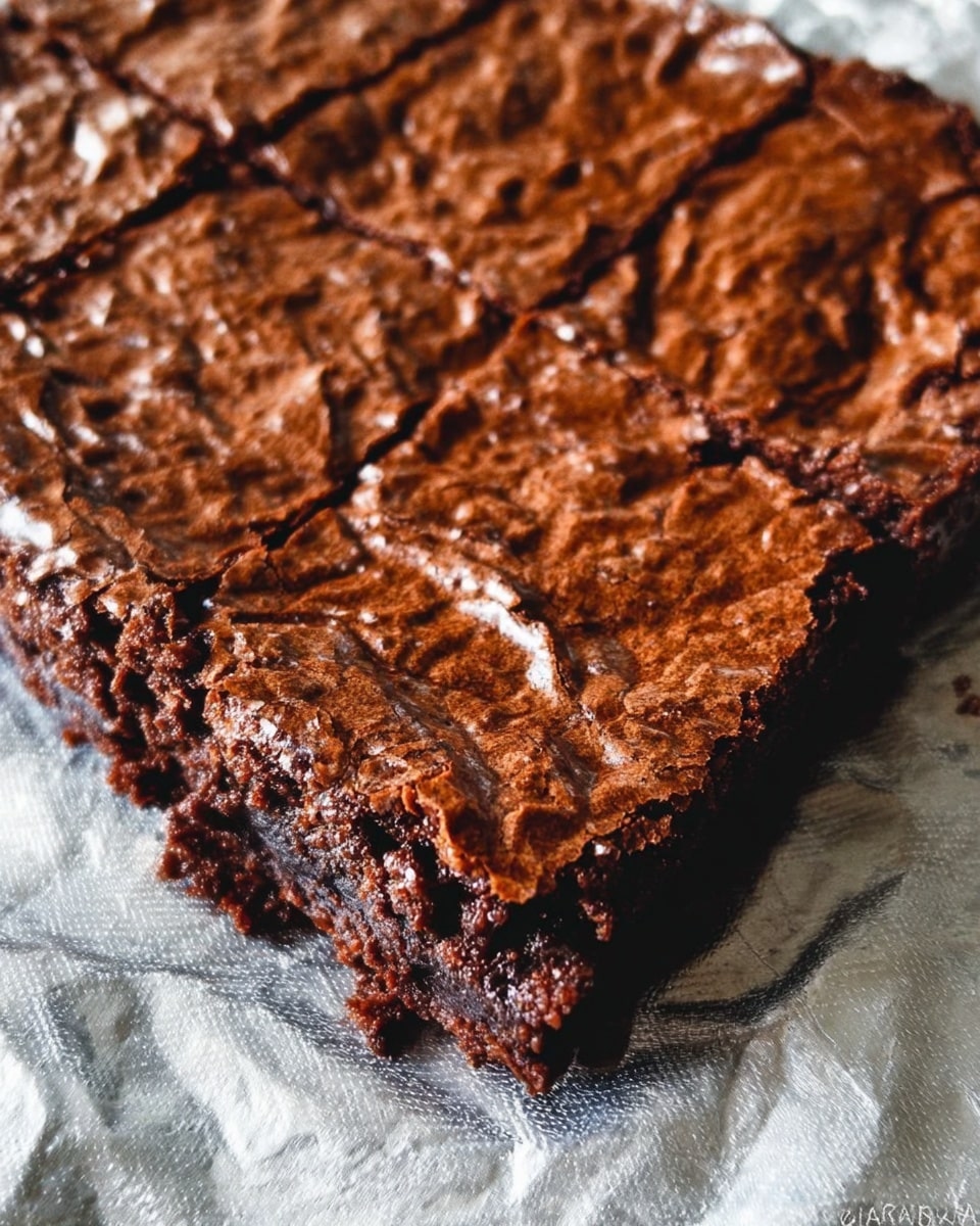 A close-up view of a baked square chocolate brownie resting on crinkled foil. The brownie has a textured, slightly cracked top layer that is dark brown and shiny, showing a soft and fudgy inside beneath the thin crust. The edges look slightly raised and firmer, creating a rough border around the softer middle. The overall surface has an uneven, wrinkled pattern, characteristic of a rich, dense chocolate treat. The background is a white marbled texture. photo taken with an iphone --ar 4:5 --v 7