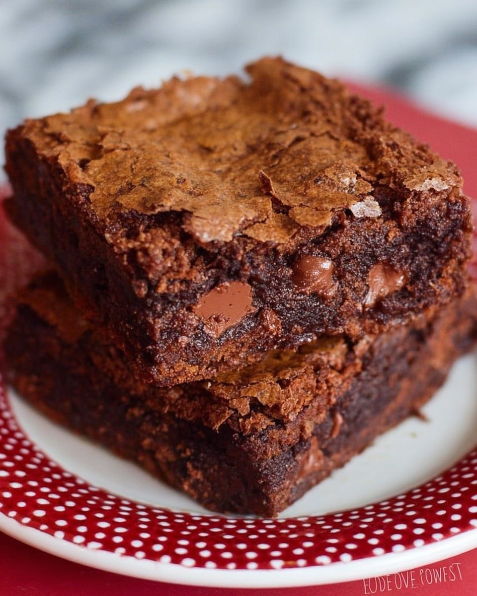 Two thick brownies stacked on a white plate with red edges and white dots. Each brownie has a cracked, dry top layer in dark brown and a dense, chewy middle and bottom layer filled with small chocolate chunks. The texture looks moist and rich inside, with a firm crust outside. The background is a white marbled surface. photo taken with an iphone --ar 4:5 --v 7