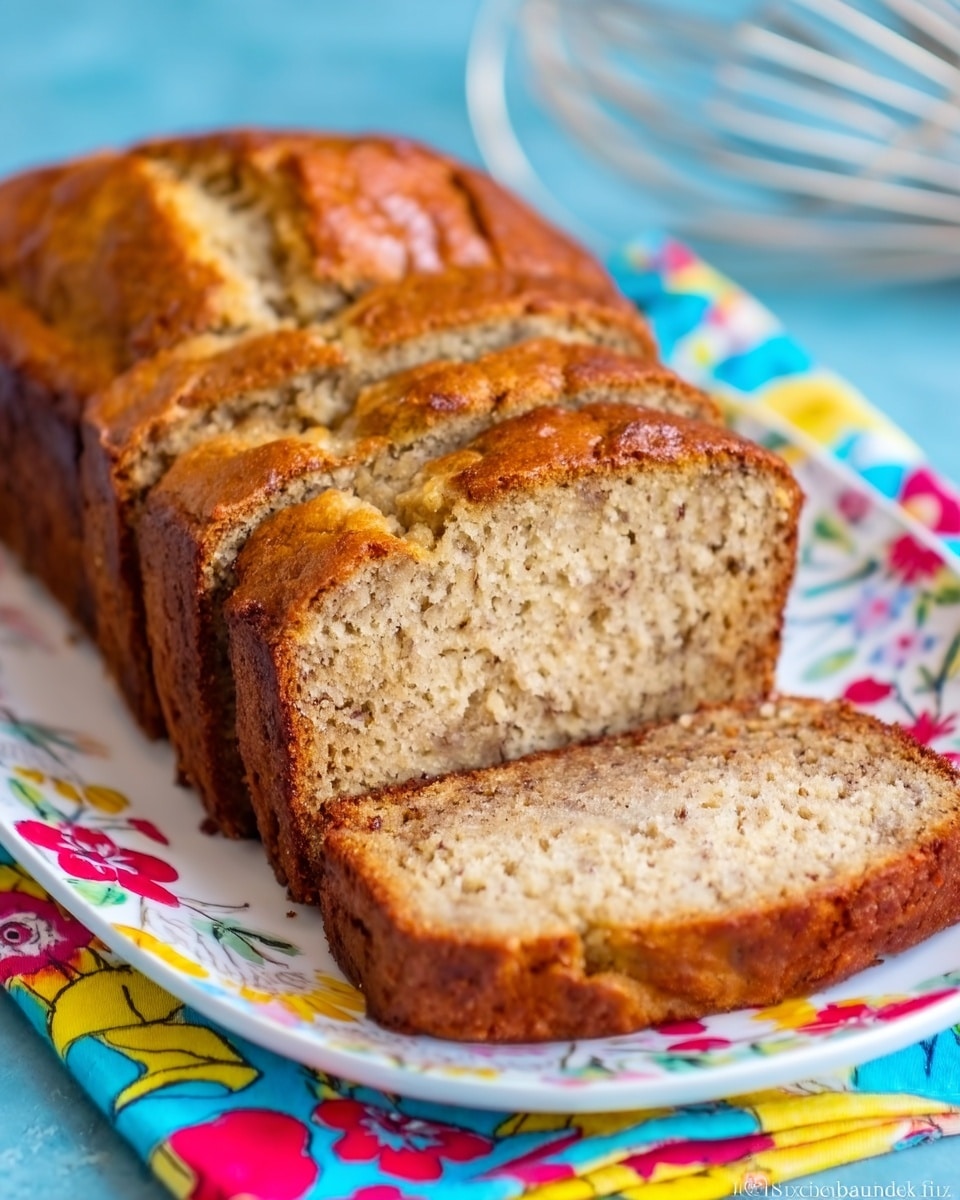 A loaf of banana bread is sliced and placed on a white plate with colorful floral patterns around the edges. The bread has a golden brown crust and a soft, light brown inside with small dark specks, showing the texture of ripe bananas. One slice is fully cut and lies flat in front, while the rest of the loaf sits behind it. The plate rests on a cloth with bright blue, red, and yellow flowers, and the background has a soft blue color with a blurred white whisk in the distance. photo taken with an iphone --ar 4:5 --v 7