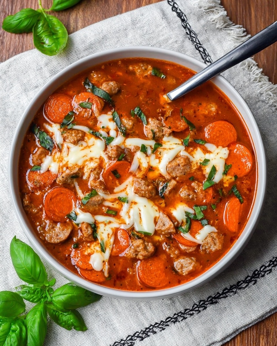 The image shows a white bowl filled with a rich, red tomato-based soup that has slices of bright orange pepperoni and chunks of light brown sausage spread throughout. Creamy white melted cheese is drizzled in thick pieces over the top, giving a soft texture contrast. Scattered green basil leaves add a fresh color pop across the soup. A silver spoon rests inside the bowl, and there is a bunch of fresh basil on the white marbled surface beside it. The bowl sits on a light-colored cloth with a black stitched edge, and the whole scene is on a wooden table. photo taken with an iphone --ar 4:5 --v 7