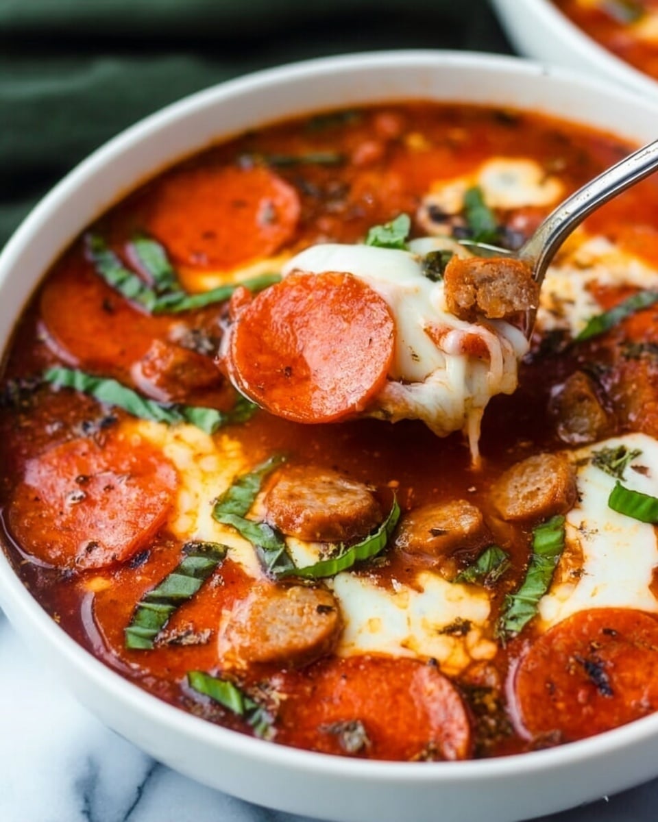 The image shows a close-up of a bowl filled with a rich, red tomato-based soup, layered with slices of orange pepperoni, small browned sausage pieces, and melted creamy white cheese spread on top. There are also fresh green basil leaves scattered over the soup, adding a fresh touch. A spoon is scooping up a portion of the soup, revealing the mix of ingredients beneath the smooth cheese layer. The bowl is white, sitting on a white marbled surface, with a soft blurred green background behind. Photo taken with an iphone --ar 4:5 --v 7