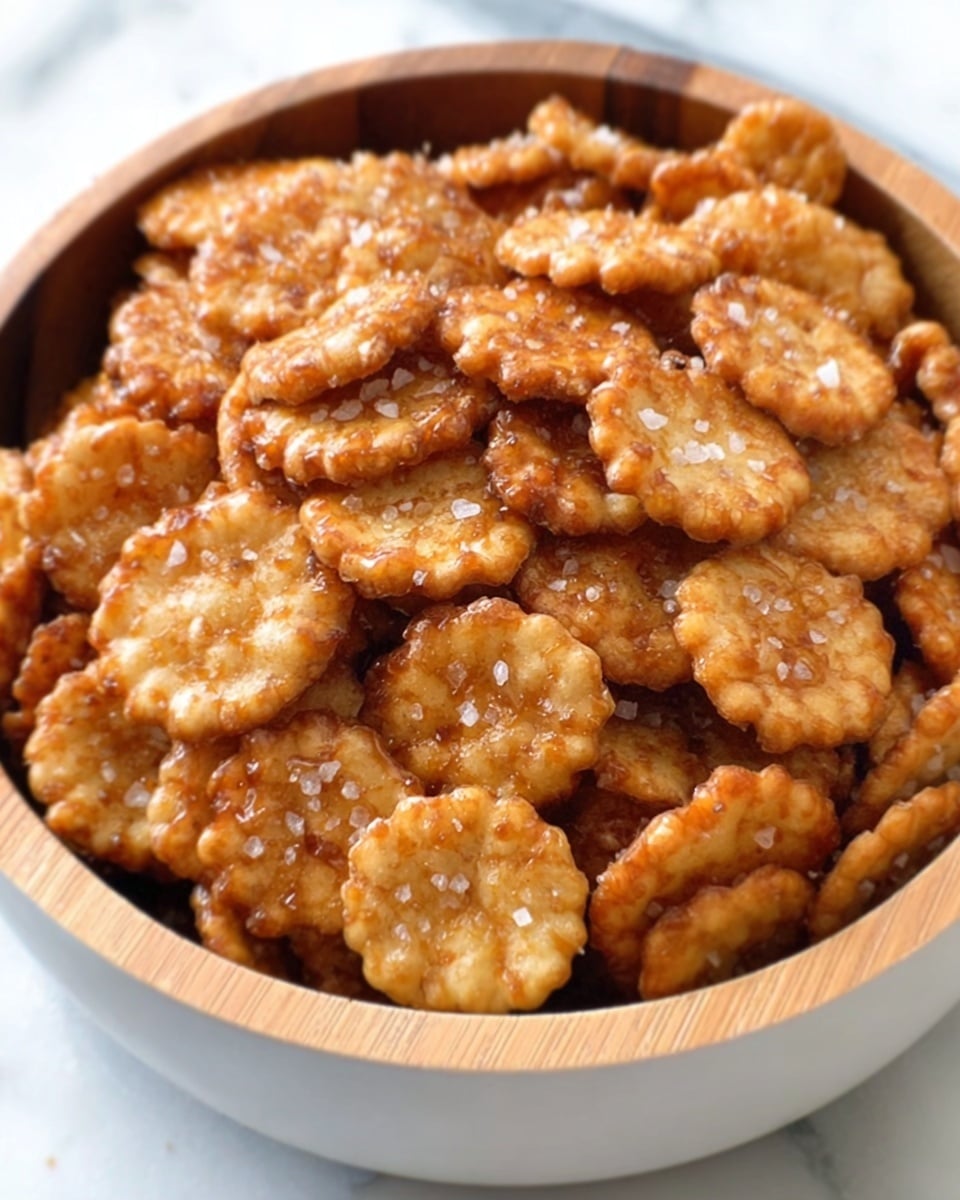 A close-up of a white bowl filled with many small, round golden-brown crackers covered with shiny caramel and sprinkled with coarse sea salt on top. The crackers have a slightly rough texture with scalloped edges, and the caramel coating gives a glossy, sticky look. The bowl rests on a white marbled surface with a blurred background. Photo taken with an iphone --ar 4:5 --v 7