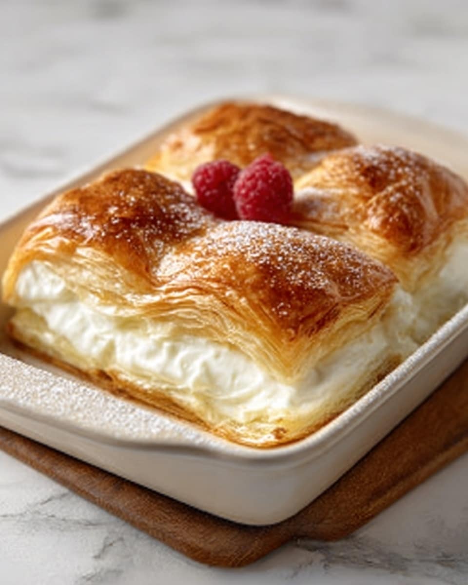 This image shows a white ceramic rectangular dish filled with a puff pastry dessert. The dessert has four visible golden brown, flaky, layered sections at the top that shine slightly, indicating a glaze. Underneath the top layers is a fluffy, creamy white filling that appears smooth and soft. Three fresh red raspberries are placed on top in the center as decoration. The dish sits on a white marbled textured surface. Photo taken with an iphone --ar 4:5 --v 7