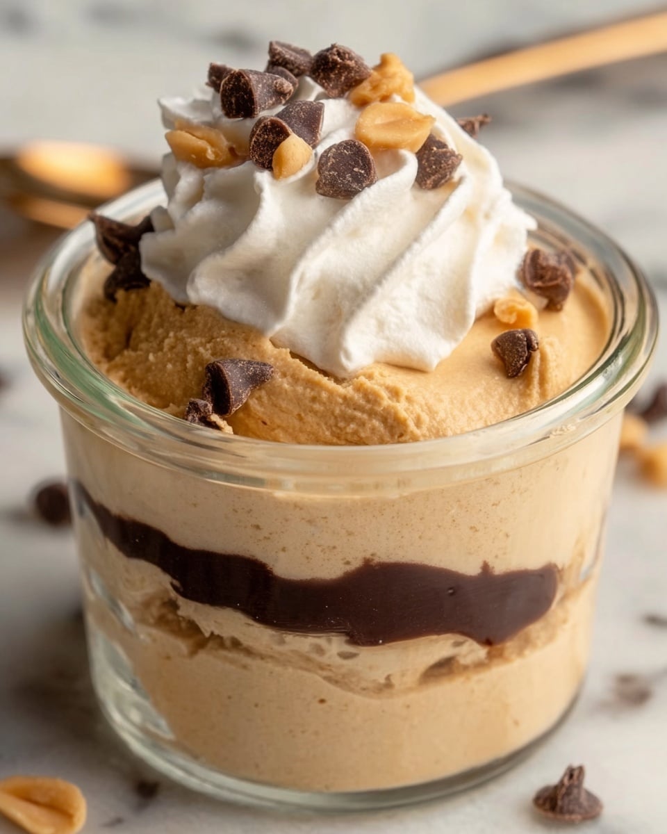 A clear glass jar holds a dessert with four distinct layers. The bottom layer is a smooth, light brown peanut butter-like paste. Above it, there is a creamy, beige layer resembling peanut butter mousse with visible vanilla specks. The third layer is a thick, shiny dark chocolate ganache. On top, there is a fluffy white whipped cream dollop sprinkled with dark chocolate chunks and small pieces of peanuts. The jar is set on a white marbled surface. Photo taken with an iphone --ar 4:5 --v 7