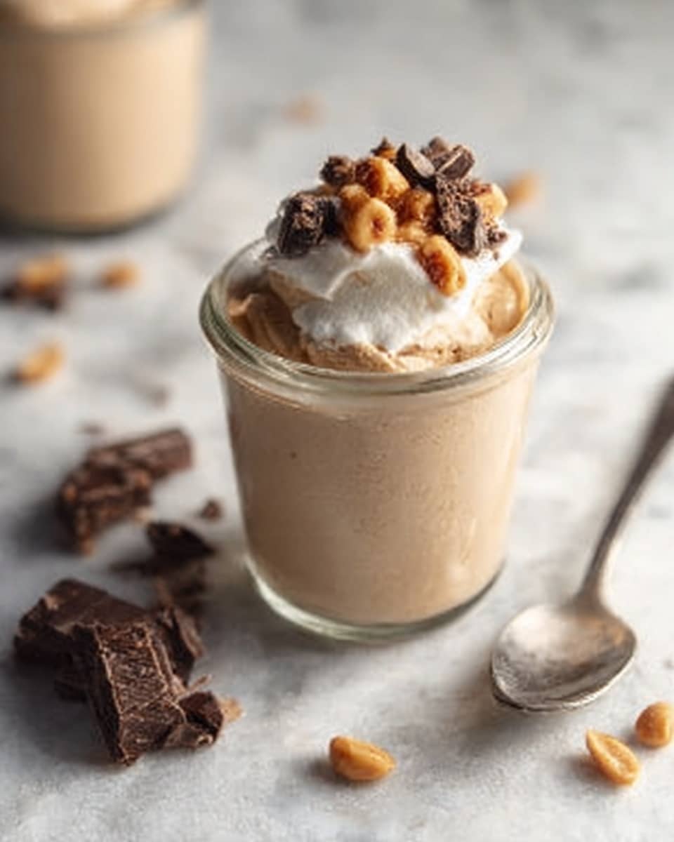A clear glass jar filled with a smooth, light brown creamy mousse as the base layer. On top, a dollop of fluffy white whipped cream sits in the center, crowned with small whole peanuts and dark chocolate chunks scattered over the whipped cream. Around the jar, pieces of dark chocolate and whole peanuts lie on a white marbled surface, with a soft-focus background showing a similar jar and part of a spoon nearby. Photo taken with an iphone --ar 4:5 --v 7