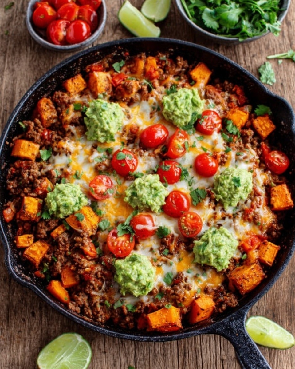 The image shows a black skillet filled with a colorful dish. The dish has three main layers: the bottom layer consists of cooked ground meat mixed with spices and chopped tomatoes, creating a reddish-brown texture. On top of that, there is a layer of melted cheese that looks creamy and slightly browned. Scattered on the surface are bright orange chunks of roasted sweet potatoes and small halved cherry tomatoes. Several dollops of creamy green guacamole sit on top, adding a fresh and smooth contrast. The skillet is on a wooden surface with a few lime wedges and a small bowl of fresh greens around it. Photo taken with an iphone --ar 4:5 --v 7