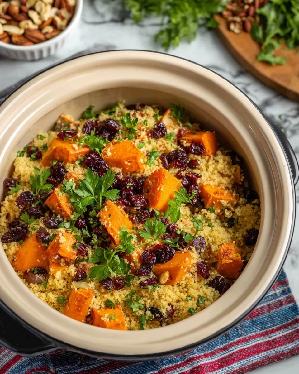 The dish is shown inside a deep white ceramic pot filled with a mix of couscous grains forming the base layer in a pale yellow color. Scattered throughout on the top layer are large, soft orange sweet potato chunks and dark red dried cranberries, both providing bright color contrast against the couscous. Fresh green parsley leaves are sprinkled over the entire dish adding a fresh green accent. In the background, there is a small white bowl with a nut mix and a wooden board with more fresh greens on a white marbled surface. The pot sits on a folded cloth with red and blue stripes. Photo taken with an iphone --ar 4:5 --v 7