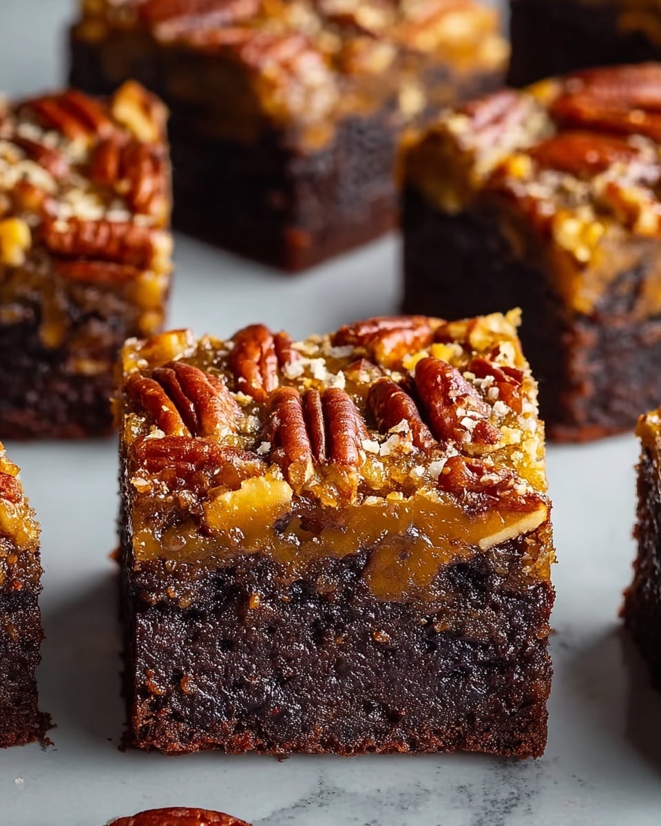 A close-up view of a rich, square-shaped brownie with two visible layers, sitting on a white marbled surface. The bottom layer is thick and dark brown, with a moist and fudgy texture. The top layer is thinner and golden brown with a glossy, sticky appearance, embedded with crunchy, shiny pecan halves and chopped nuts scattered on the surface. Several similar brownie squares are blurred in the background, creating depth. photo taken with an iphone --ar 4:5 --v 7
