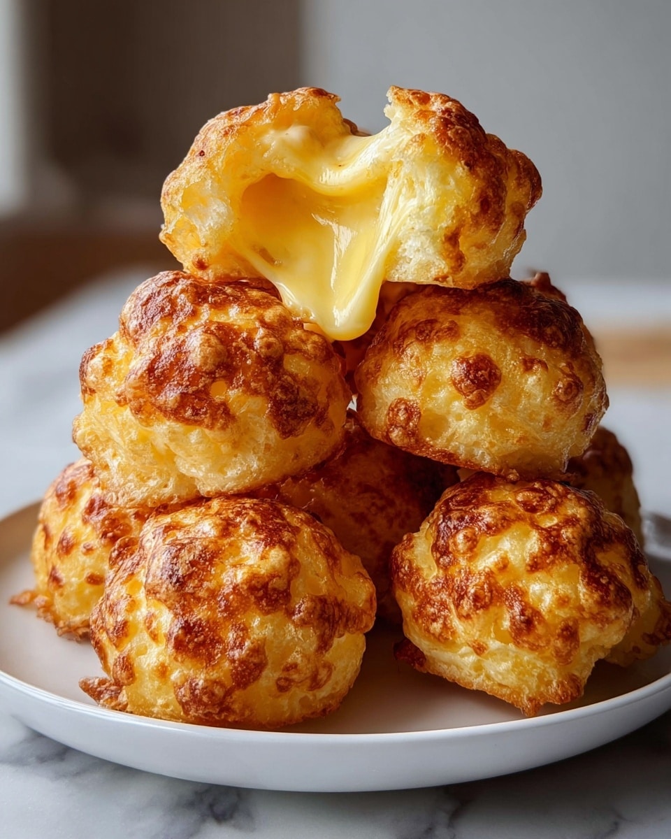 A stack of golden brown, round cheese puffs sits on a white plate placed on a white marbled surface. The puffs have a rough, bubbly texture with crispy, browned cheese on the outside. One cheese puff on top is pulled apart, showing melted, stretchy yellow cheese inside connecting the top and bottom halves. The background is softly blurred with soft natural light coming from one side, highlighting the warm colors and gooey cheese. photo taken with an iphone --ar 4:5 --v 7
