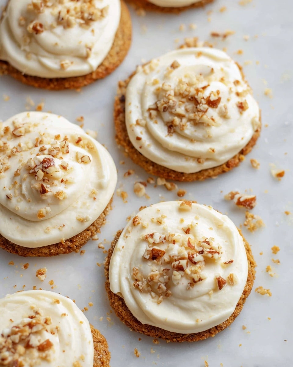 The image shows five round cookies with a rough, golden-brown base layer topped with a thick layer of smooth, creamy white frosting that is swirled with soft peaks. The frosting covers almost the entire surface of each cookie, and small chopped nut pieces are scattered on top, adding texture and a touch of brown color. These cookies are placed on a white marbled surface with some crumbs around them. Photo taken with an iphone --ar 4:5 --v 7