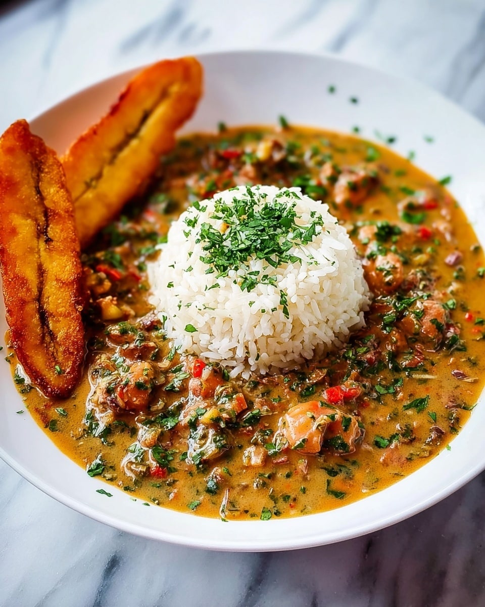 A white shallow bowl holds a dish with three main parts: a mound of fluffy white rice topped with small green herbs near the center, surrounded by a thick, creamy brown stew with visible small pieces of meat and finely chopped green herbs and red bits throughout; to the left side of the bowl are two golden-brown, crispy fried plantain slices slightly overlapping and resting partially on the stew. The bowl sits on a white marbled surface. photo taken with an iphone --ar 4:5 --v 7
