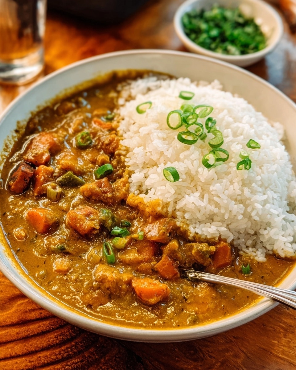 The dish shows a round white bowl filled with two main parts: on the right, a mound of white rice garnished with small green onion slices, and on the left, a thick curry with a golden-brown color full of visible chunks of meat and vegetables, with a rich, slightly oily texture. A metal spoon rests on the left side of the bowl, partially inside the curry. The bowl sits on a wooden surface, and there is a small white bowl with green herbs blurred in the background. Photo taken with an iphone --ar 4:5 --v 7