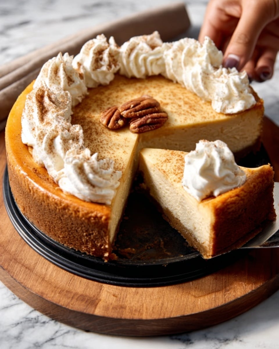 A round cheesecake with a golden brown crust and a smooth cream cheese layer sits on a black springform pan on a wooden board. The cheesecake has been sliced, showing its creamy, light beige inside. On top, there are swirls of white whipped cream, with one pecan placed as decoration. A woman's hand is gently holding a slice of the cheesecake. The surface beneath is a white marbled texture. Photo taken with an iphone --ar 4:5 --v 7