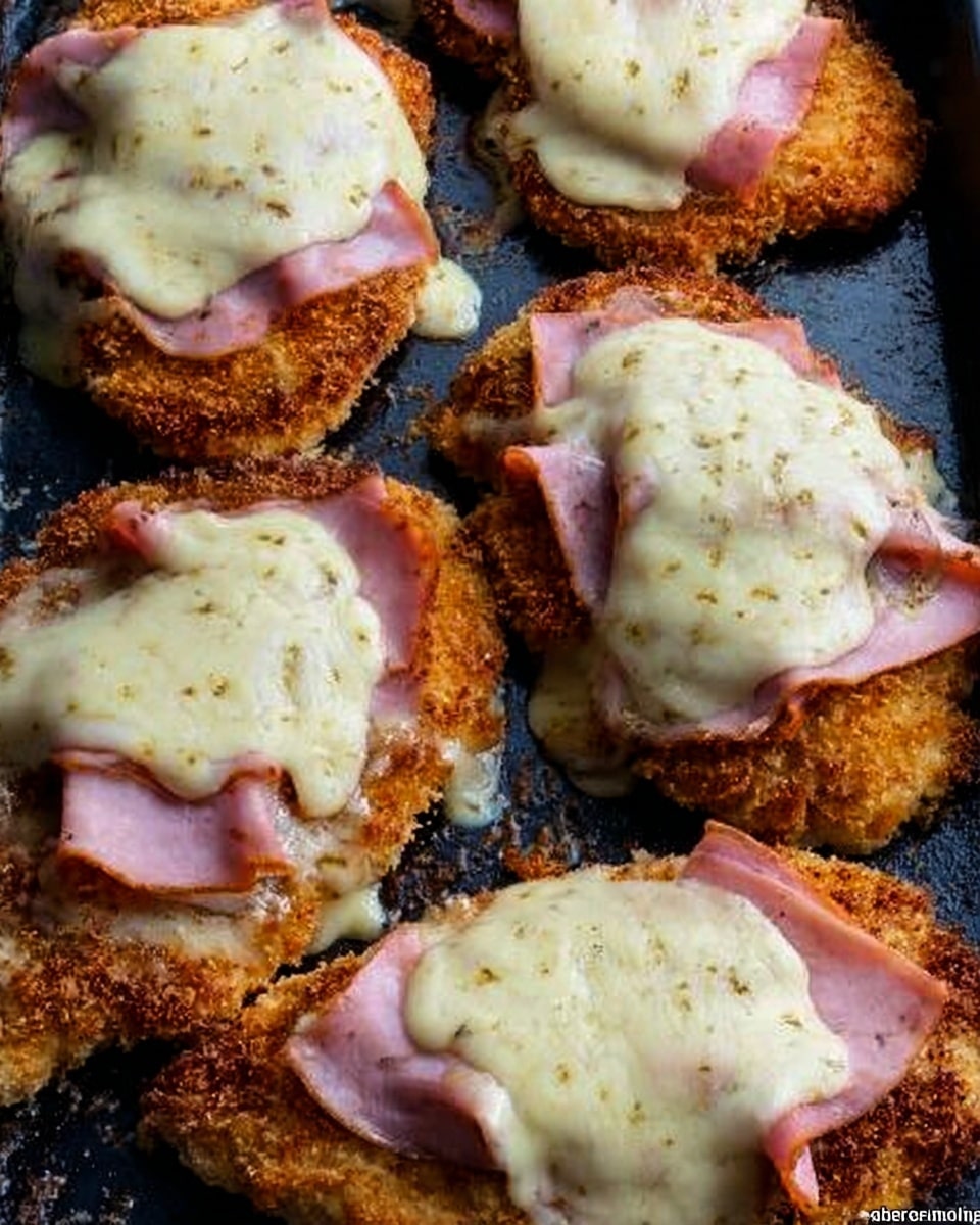 The image shows several pieces of breaded chicken cutlets topped with slices of pink ham and melted white cheese that appears smooth and slightly browned in spots. The chicken cutlets have a crispy, golden-brown texture beneath the toppings and are arranged close together on a dark pan. The melty cheese covers most of the ham and chicken, giving a creamy look to the top layer. There are seven pieces visible, filling most of the pan area. Photo taken with an iphone --ar 4:5 --v 7