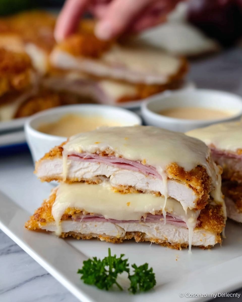 The image shows a close-up of a chicken sandwich cut into three pieces placed on a white square plate. The sandwich has three layers: at the bottom is a golden crispy fried chicken breast, followed by a layer of thinly sliced ham that is light pink, and topped with a thick layer of melted white cheese covering the sandwich. In the background, there are two small white bowls with creamy dipping sauces and a small green garnish of parsley placed on a white marbled surface. A woman's hand is reaching towards the sandwich, and the overall lighting highlights the melted cheese’s smooth texture. Photo taken with an iphone --ar 4:5 --v 7