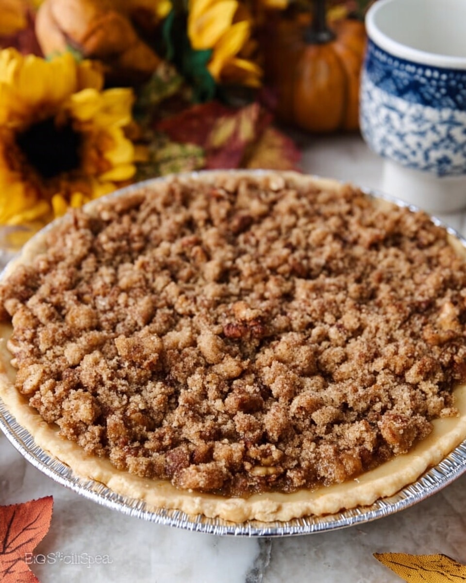 A close-up view of a round pie in a silver foil pie pan, placed on a white marbled surface. The pie has two visible layers: the bottom is a smooth light tan crust edge, and the top layer is a dense, crumbly brown streusel topping mixed with small pieces of nuts, giving a rough texture. Surrounding the pie are fall-themed decorations, including yellow sunflowers and faux autumn leaves, adding a warm seasonal touch. A white cup with blue patterns is partially visible on the right side. Photo taken with an iphone --ar 4:5 --v 7