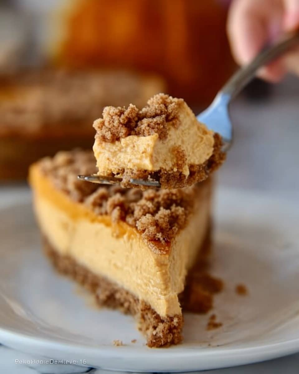 A close-up view of a slice of creamy pumpkin pie with a crumbly brown crust on a white plate. The pie has a thick, smooth light orange filling topped with a layer of nutty brown streusel. In the foreground, a fork held by a woman's hand is lifting a bite of the pie, showing the soft texture of the filling and the crumbly topping. The background is softly blurred with warm tones, and the surface beneath the plate is a white marbled texture. Photo taken with an iphone --ar 4:5 --v 7