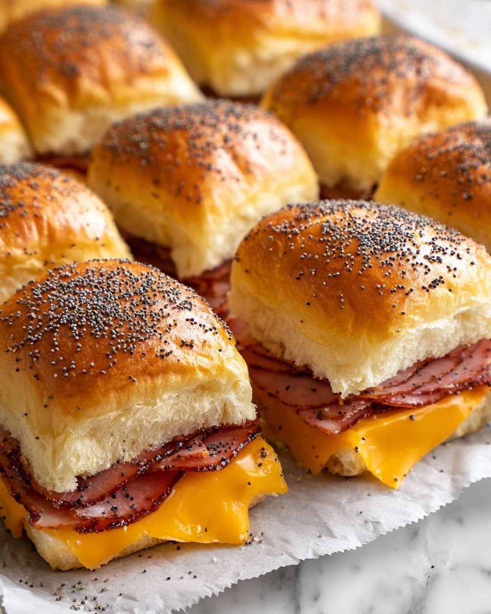 A close-up view of a group of nine square sandwich sliders arranged in a 3x3 pattern on white parchment paper over a white marbled surface. Each slider has three visible layers: the top layer is a golden-brown soft bun sprinkled with black poppy seeds, the middle layer features slightly curled, cooked slices of reddish-brown ham, and the bottom layer has melted bright orange cheddar cheese peeking out from the buns. The buns look fluffy with a slight shine on top. Photo taken with an iphone --ar 4:5 --v 7