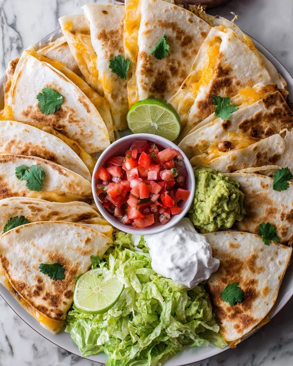 A large white plate is filled with many folded quesadillas, each showing a golden melted cheese layer inside soft, light brown toasted tortillas. On top of some quesadillas, small green cilantro leaves are placed. In the center of the plate, a white bowl holds bright red diced tomatoes. Around this bowl are piles of shredded bright green lettuce, light brown refried beans with a slightly lumpy texture, a smooth white dollop of sour cream, and a chunky green guacamole topped with two lime slices. The whole plate sits on a white marbled surface. Photo taken with an iphone --ar 4:5 --v 7