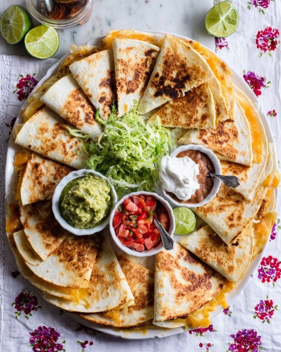 A large white plate with 14 folded quesadilla halves arranged in a circle, each quesadilla golden brown with some darker toasted spots. Inside the quesadillas is melted cheese visible at the edges. In the center of the plate, there are four small white bowls: one with chunky green guacamole, one with sour cream, one with refried beans, and one with finely chopped red tomatoes. Next to the bowls, there is a generous pile of chopped green lettuce and some lime wedges. The plate is set on a white marbled surface covered with a white cloth featuring a pattern of small red and purple flowers. A spoon rests in one of the bowls with green sauce nearby. photo taken with an iphone --ar 4:5 --v 7