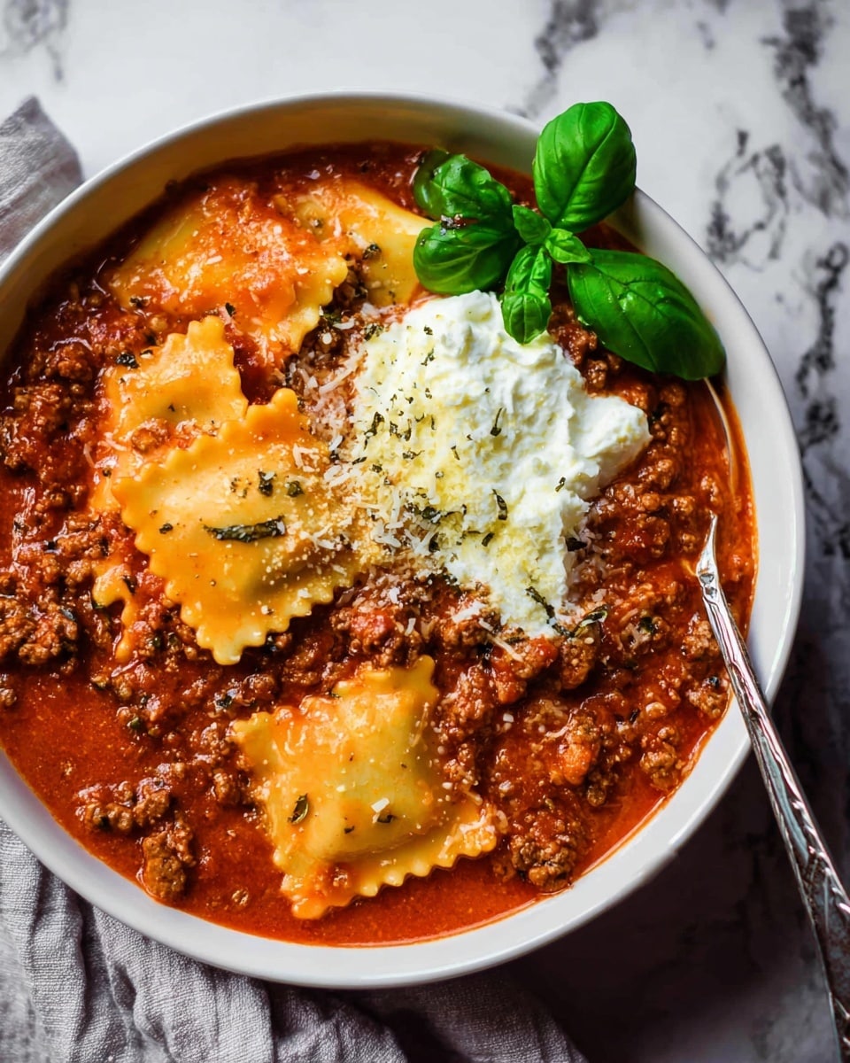 A white bowl filled with thick, rich red tomato sauce mixed with ground beef and some pasta pieces, layered with wide, flat sheets of lasagna noodles partially submerged in the sauce. On one side of the bowl, there is a dollop of creamy white ricotta cheese sprinkled with shredded light yellow mozzarella or parmesan cheese. A small bunch of fresh green basil leaves rests on top of the noodles near the cheese. A spoon with a silver handle is placed at the edge of the bowl on the right side. The bowl sits on a white marbled surface with a folded light gray cloth nearby. photo taken with an iphone --ar 4:5 --v 7