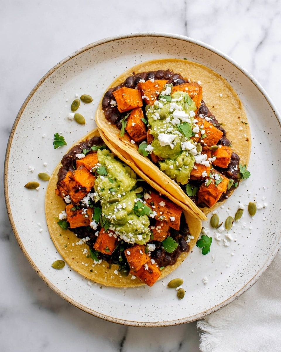 Two tacos are placed side by side on a white plate with a speckled edge, set on a white marbled texture surface. Each taco has three visible layers: a soft corn tortilla as the base, a layer of dark refried beans spread across the tortilla, and large, roasted orange sweet potato cubes piled on top. A dollop of green guacamole runs along the center, sprinkled with white crumbled cheese and green pumpkin seeds scattered over the tacos and plate. Some small green cilantro leaves add a fresh touch around the tacos. Photo taken with an iphone --ar 4:5 --v 7