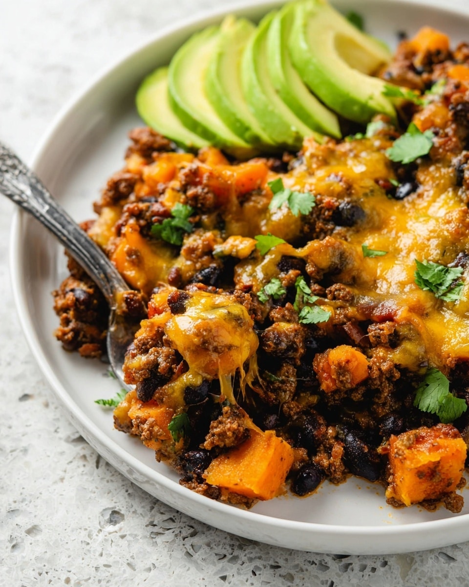 A close-up view of a dish on a white plate, showing a mix of three main layers: browned ground beef, black beans, and orange chunks of cooked sweet potatoes, all covered with melted yellow cheddar cheese and small green cilantro leaves scattered on top. Two light green avocado slices are placed neatly on one side of the plate. A silver fork is lifting a bite with melted cheese strings stretching, showcasing the rich, hearty texture of the ingredients. The plate sits on a white marbled textured surface. photo taken with an iphone --ar 4:5 --v 7