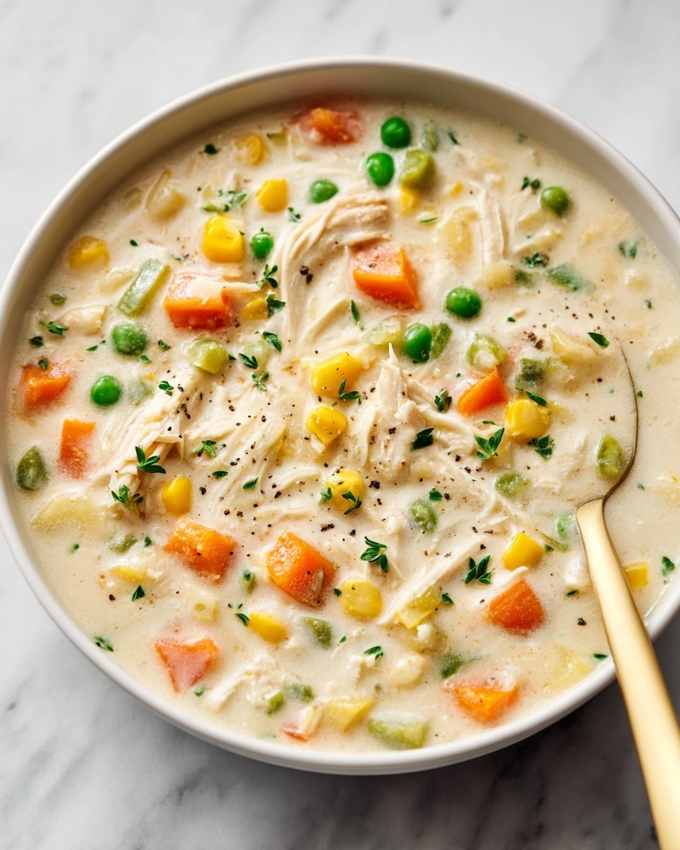 A thick, creamy soup fills a white bowl, showing multiple layers of ingredients in a rich, pale beige broth. Bright orange carrot cubes, yellow corn kernels, green peas, and slivers of green beans are scattered evenly throughout, mixed with shredded white chicken. The soup is garnished with small bits of fresh green herbs and a light sprinkle of black pepper on top. A gold-colored spoon rests inside the bowl on the right side, its smooth and shiny texture contrasting with the creamy soup. The bowl is placed on a white marbled surface, enhancing the clean and fresh look of the dish. photo taken with an iphone --ar 4:5 --v 7