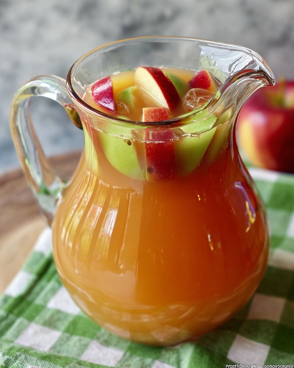 The image shows two clear stemless glasses filled with a smooth brownish-orange apple cider drink. Each glass is topped with two thin slices of fresh red and yellow apple, floating on the surface. Behind the glasses, there is a large pitcher filled with the same drink and a whole red apple. The glasses and pitcher sit on a green and white checkered cloth, all set on a white marbled surface. The scene has soft natural light, highlighting the glossy texture of the drink and apples. photo taken with an iphone --ar 4:5 --v 7