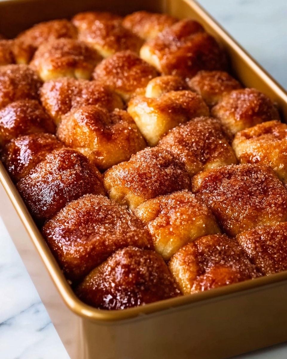A close-up view of a rectangular baking pan filled with golden brown monkey bread made of many small, soft dough pieces. Each piece is covered in a glistening layer of cinnamon sugar, giving a textured and sparkling look. The dough pieces are tightly packed with some lighter golden areas showing fluffy texture underneath the caramelized top. The pan rests on a white marbled surface with soft natural light highlighting the warm colors of the bread. photo taken with an iphone --ar 4:5 --v 7