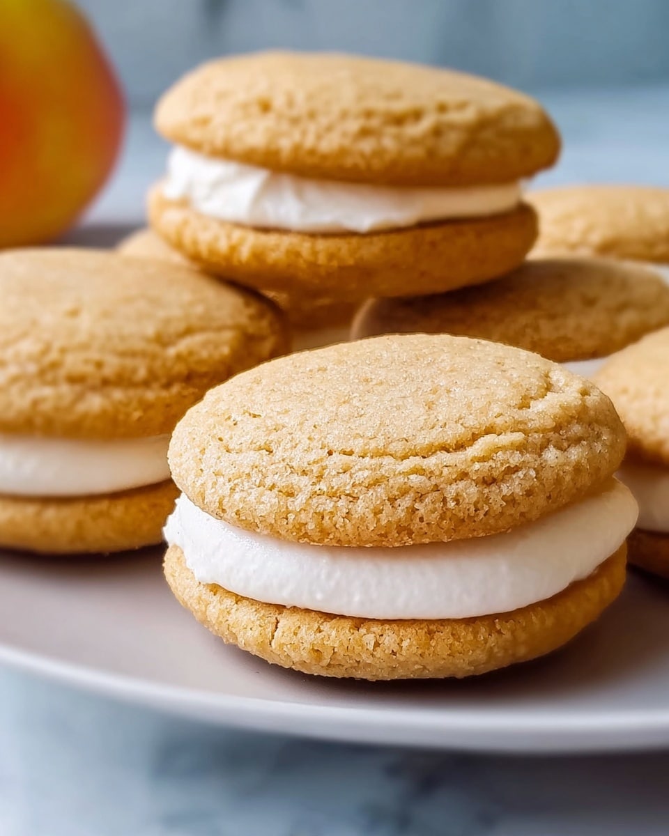 The image shows two sandwich cookies stacked on top of each other on a white plate with a smooth surface. Each cookie consists of two round, golden-brown, slightly rough-textured biscuit layers. Between these biscuit layers is a thick, smooth layer of white cream filling. The top biscuit layer has a slightly domed shape with a crumbly texture, while the cream filling is evenly spread and appears soft and creamy. In the background, there is a blurred hint of more cookies and a warm-colored object, all set on a white marbled texture. photo taken with an iphone --ar 4:5 --v 7