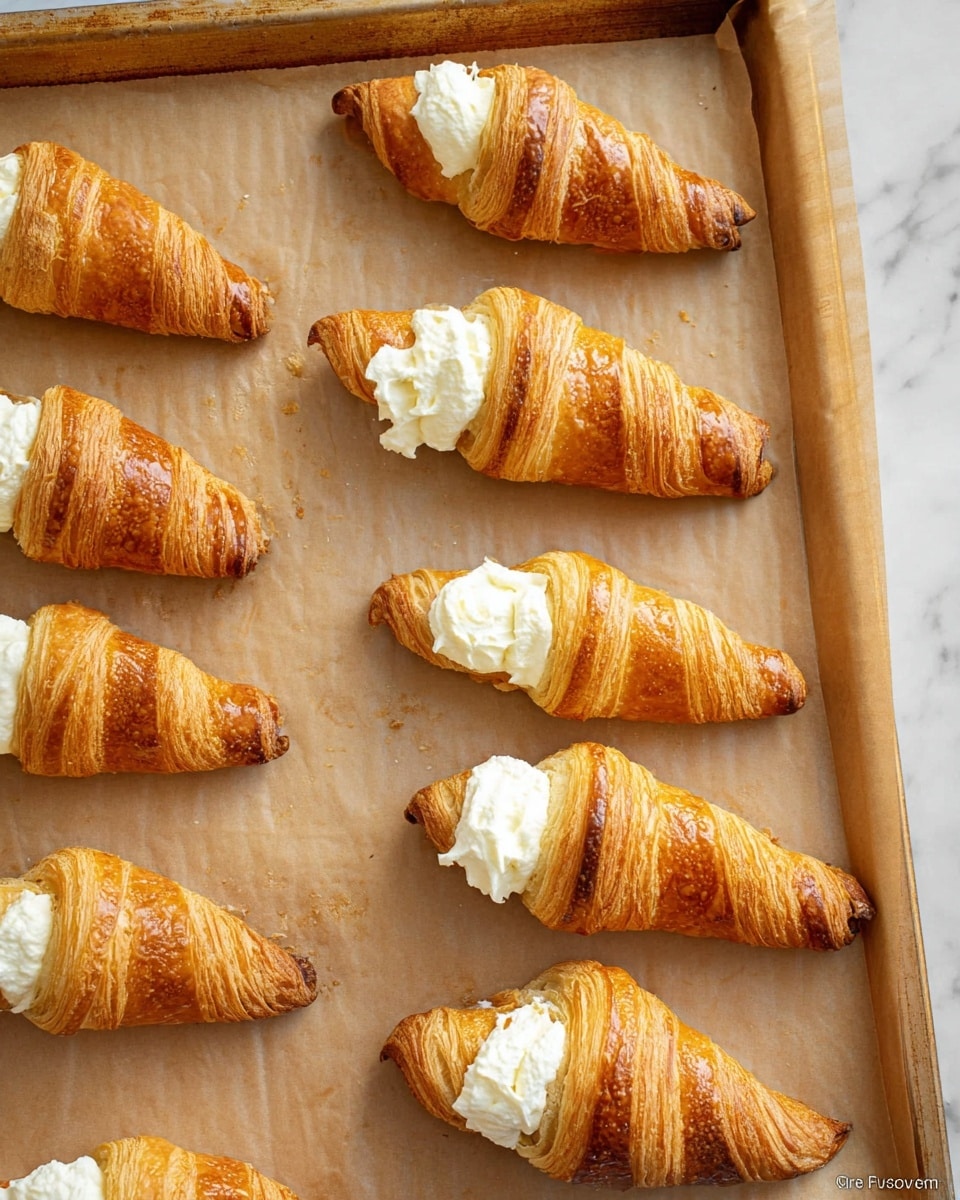 The image shows a baking sheet lined with light brown parchment paper holding seven golden brown cream-filled pastry cones. Each cone is made of flaky layers of puff pastry twisted in a spiral to form a hollow cone shape. The open ends of the cones are filled generously with white creamy filling that looks smooth and fluffy, slightly overflowing. The pastries have a shiny surface, indicating they are freshly baked and lightly glazed. The edges of the parchment paper are slightly crinkled, and the baking sheet is placed on a white marbled texture surface. Photo taken with an iphone --ar 4:5 --v 7