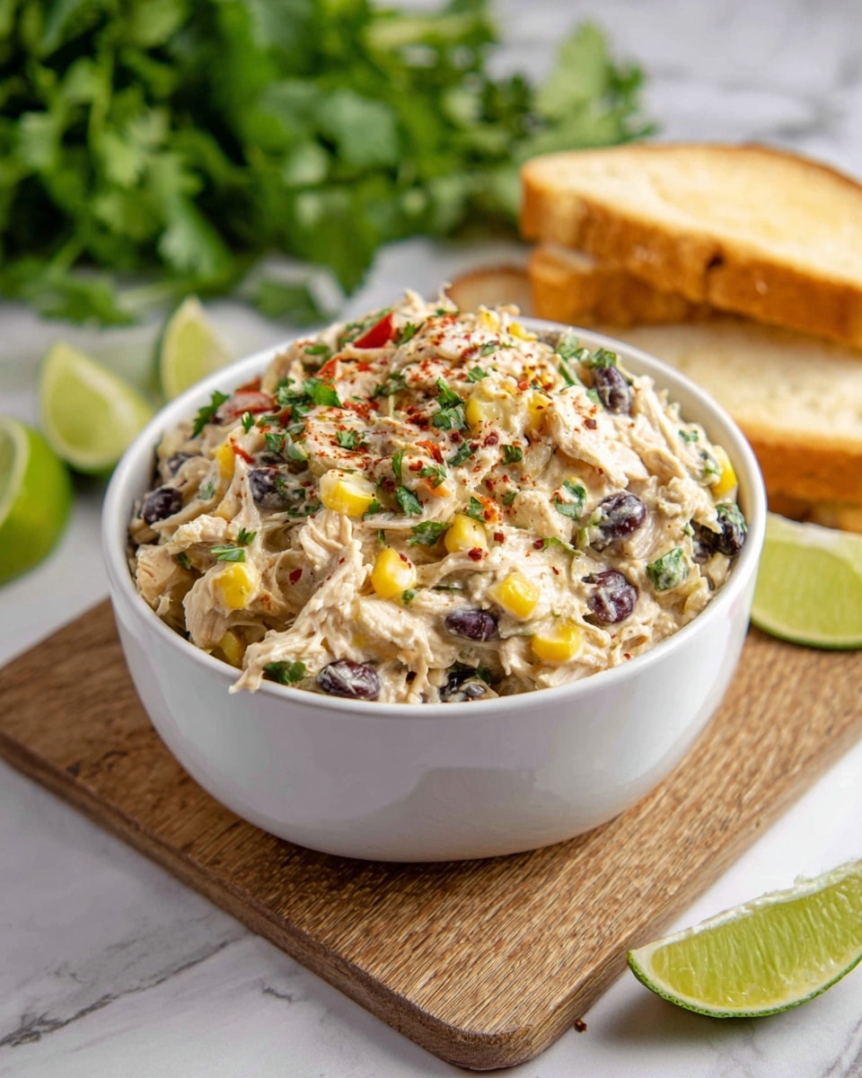 The image shows a white bowl filled with a mixed chicken salad containing shredded white chicken pieces, black beans, yellow corn kernels, small red pieces likely red bell pepper, and green herbs scattered on top. A wedge of bright green lime rests on the right edge inside the bowl. The salad is speckled with a light dusting of red spice. A white toasted bread slice is partially dipped into the salad, held by a woman's hand. Around the bowl, there are additional white toasted bread slices neatly arranged on a wooden board, along with several lime wedges on a white marbled texture surface. photo taken with an iphone --ar 4:5 --v 7