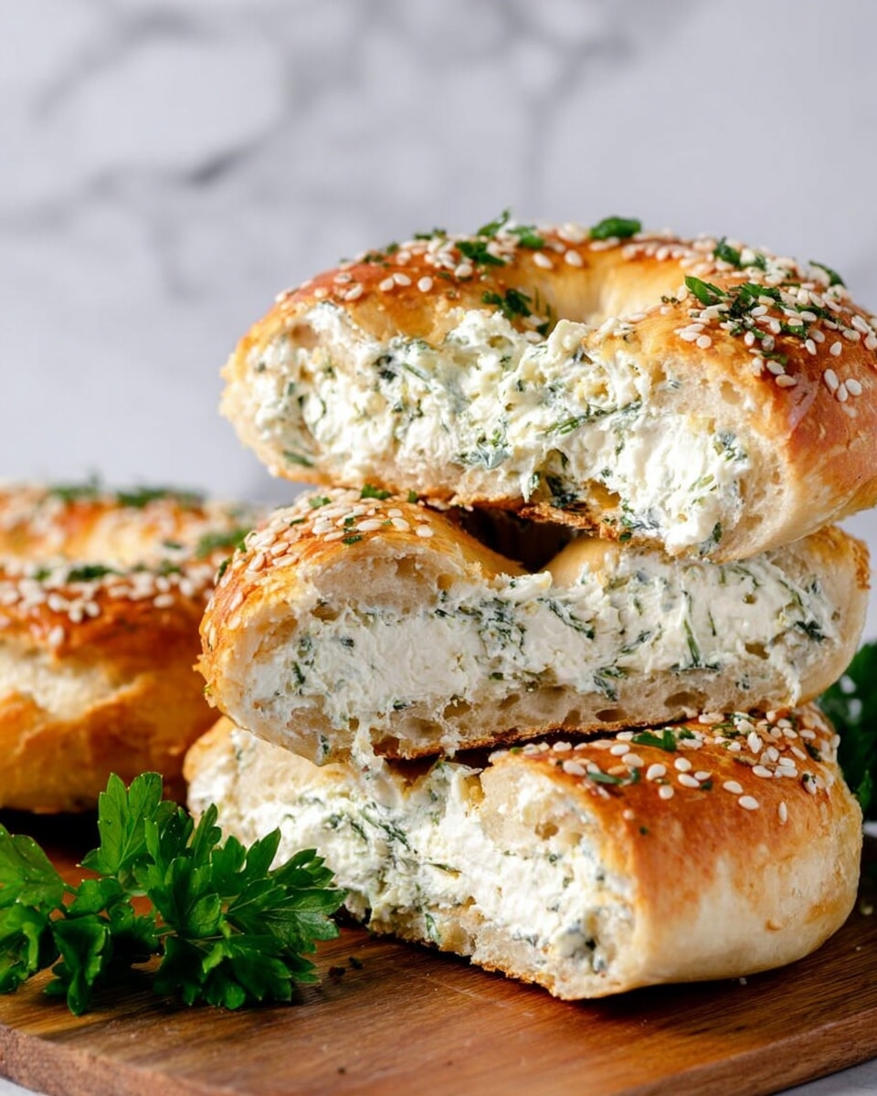 The image shows a close-up of a soft bagel cut into several slices and stacked on top of each other. Each slice has a thick layer of cream cheese mixed with green herbs spread evenly, filling the center of the bagel. The bagel's crust is golden brown and topped with white sesame seeds and finely chopped green herbs. The bread inside looks soft and fluffy with a light beige color. The bagel sits on a wooden board with a few green parsley leaves nearby, and the background features a white marbled texture. Photo taken with an iphone --ar 4:5 --v 7