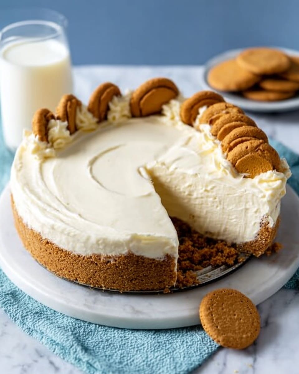 A creamy white cheesecake with two visible layers: a thin light brown cookie crust at the bottom and a thick, smooth, and fluffy white cheesecake layer on top, covered with a soft white frosting layer. The sides of the cheesecake are decorated with whole brown cookies standing vertically. One large slice is placed on a white plate with a subtle embossed pattern, the slice showing the distinct layers clearly. The cake and slice rest on a bright blue textured cloth, all set against a white marbled surface. Photo taken with an iphone --ar 4:5 --v 7