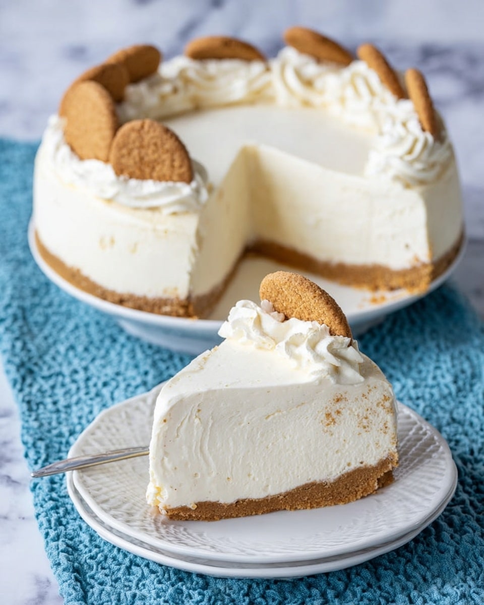 The image shows a round dessert with two main layers on a white marbled surface. The bottom layer is a light brown crumbly cookie crust, and on top, there is a thick, smooth, creamy white layer that looks soft and fluffy. The edges of the dessert are decorated with whole light brown cookies standing upright around it. One slice is missing, revealing the inside texture of the dessert and crust. Nearby, there is a clear glass of milk and two more light brown cookies resting on a light blue cloth. Photo taken with an iphone --ar 4:5 --v 7