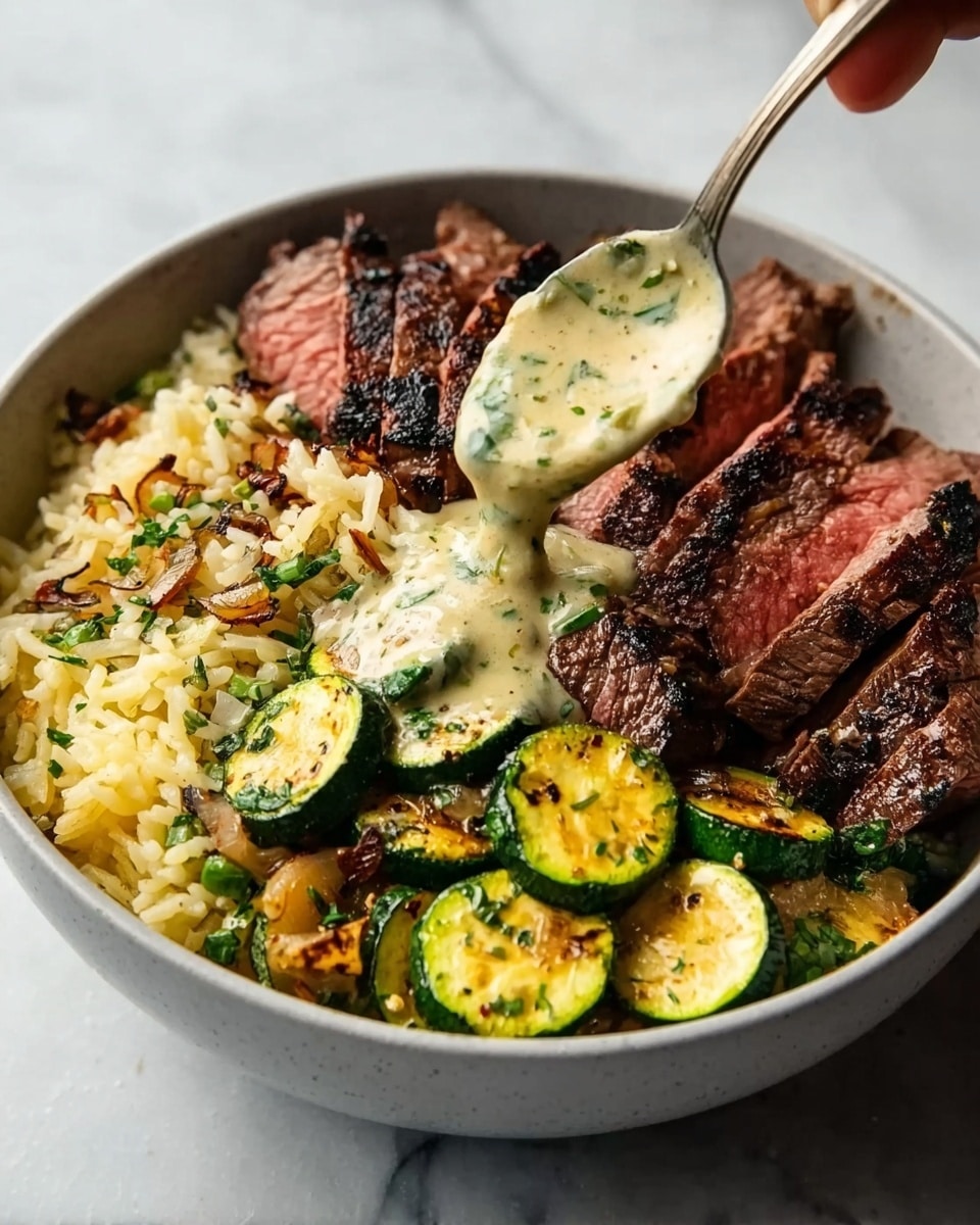 A white bowl on a white marbled surface holds a layered dish starting with a base of light yellow rice mixed with small bits of brown and green. On one side, there are sliced pieces of grilled steak with a dark, slightly charred outer layer and a pink, juicy center. Next to the steak, there are round slices of grilled green zucchini with light char marks. A creamy, green herb sauce with small leafy bits is being poured over the steak and zucchini from a spoon held by a woman's hand, covering part of the dish with a smooth, pale green topping. Photo taken with an iphone --ar 4:5 --v 7