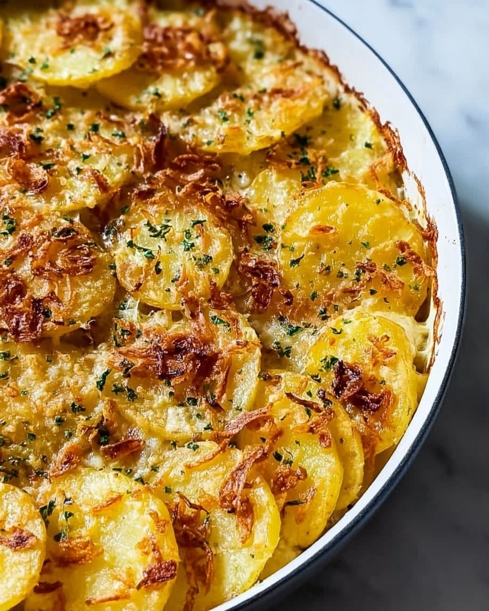 The image shows a close-up of a dish with several layers of sliced potatoes arranged in an overlapping pattern in a white pan. The potato slices are golden yellow with some parts browned and crispy, topped with a sprinkle of finely chopped green herbs and small bits of crispy browned onion or cheese. The texture appears creamy under the potato slices with a slightly crunchy top layer, giving the dish a baked and rich look. The background is a white marbled surface. photo taken with an iphone --ar 4:5 --v 7