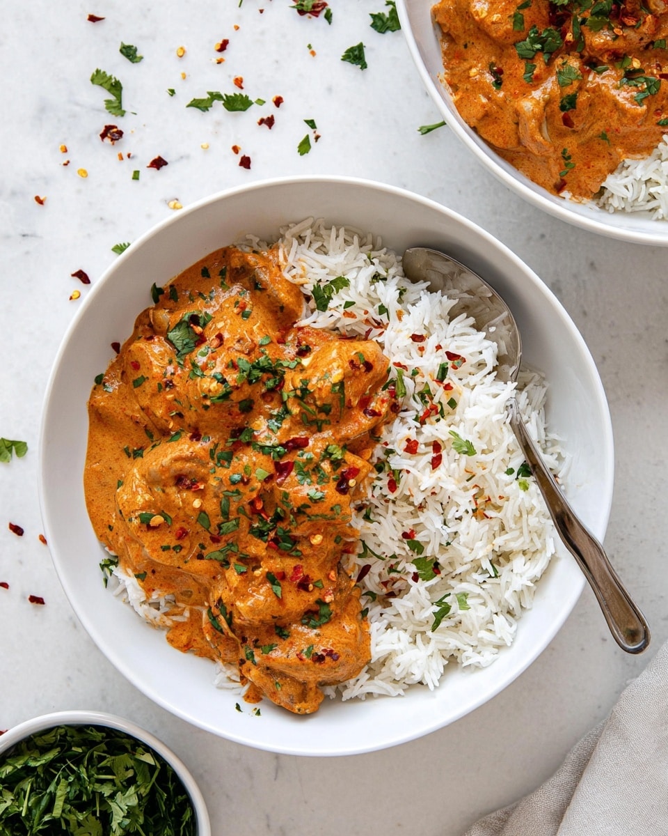 A white bowl filled with two main layers: on the left, a thick, orange creamy curry with visible chunks of chicken and small bits of red and green spices, topped with fresh green cilantro pieces, and on the right, a fluffy layer of white rice with scattered small green herbs and a few red chili flakes, all placed on a white marbled surface. A silver spoon rests in the top right part of the bowl. Photo taken with an iphone --ar 4:5 --v 7