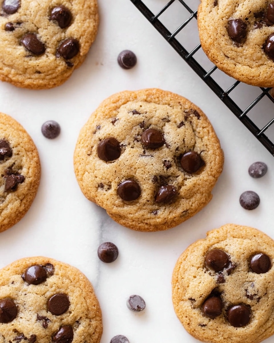 Several round chocolate chip cookies rest on a white marbled surface, some placed directly on it and one partially on a black wire cooling rack in the top right. Each cookie has a golden-brown color with a slightly crispy edge and a soft, textured center, dotted generously with dark, glossy chocolate chips, some slightly melted. Scattered chocolate chips lie between the cookies, adding variation to the arrangement. The overall scene conveys a fresh, homemade look with natural lighting highlighting the warm tones and rich chocolate details. Photo taken with an iphone --ar 4:5 --v 7