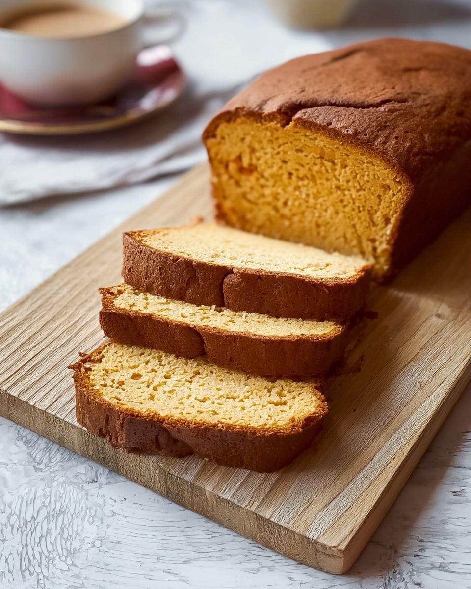 A loaf of golden brown bread is shown partially sliced on a wooden cutting board. There are three thick slices cut from the loaf, each slice revealing a soft, crumbly texture with a light yellow inside and a darker crust. The cutting board rests on a white marbled surface. In the background, a cup and saucer are slightly out of focus. photo taken with an iphone --ar 4:5 --v 7