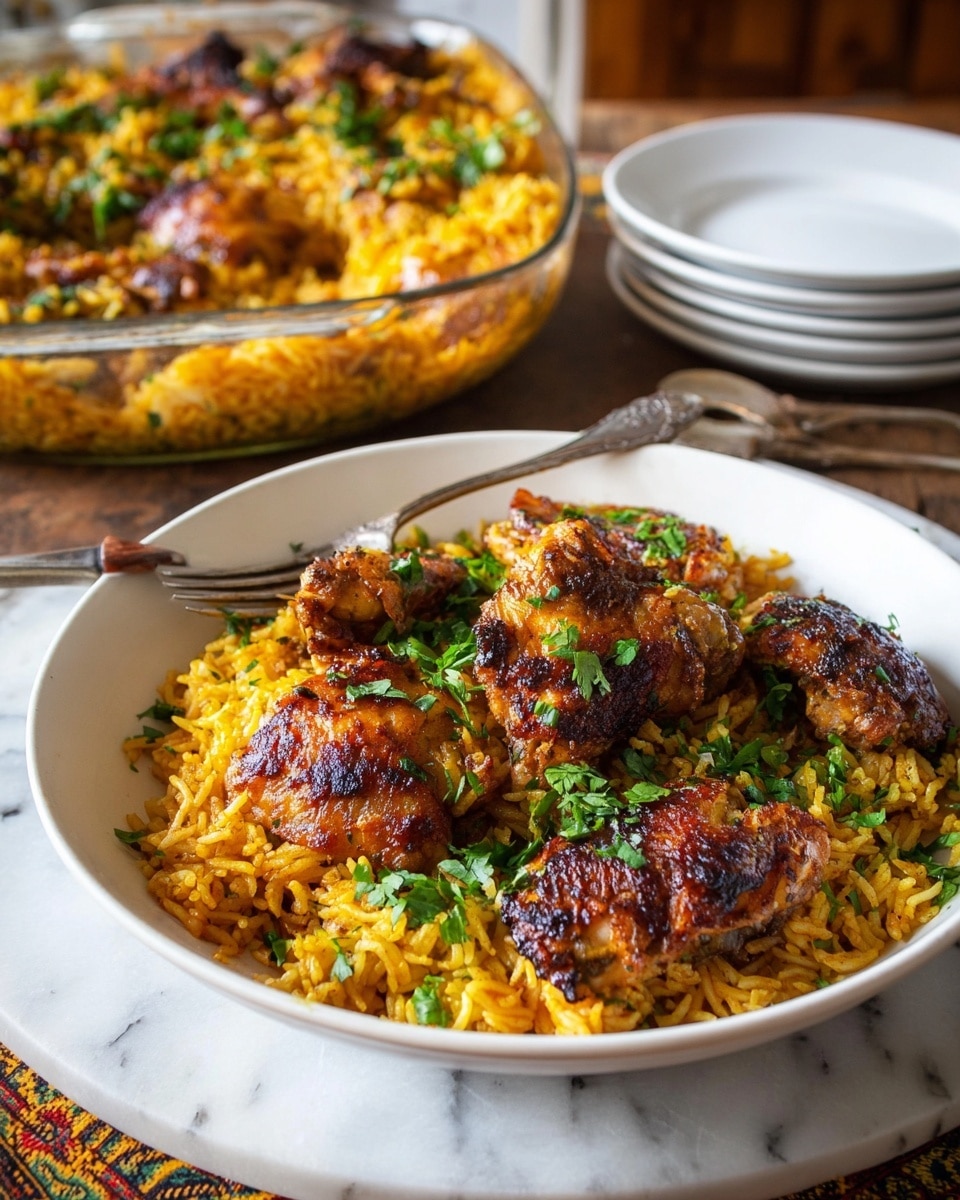 A white bowl holds a dish with a base layer of yellow-orange rice mixed with spices and bits of green herbs, topped with several pieces of brown, crispy roasted chicken that have a charred, shiny skin. Bright green chopped herbs are sprinkled on top of the chicken and rice, adding contrast. In the background, a large clear glass pan filled with more of the same rice and chicken sits on a white marbled surface, with additional white plates stacked nearby. A fork rests inside the bowl, adding a casual dining touch. photo taken with an iphone --ar 4:5 --v 7