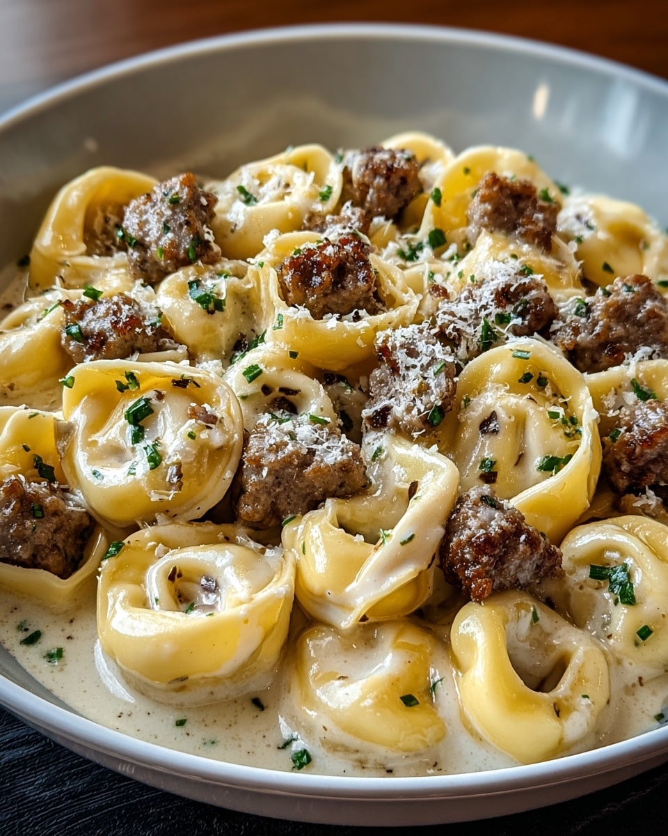 A close-up of a white bowl filled with creamy tortellini pasta, with about three layers of tortellini visible, each piece pale yellow and smooth with a twist shape, filled and surrounded by browned sausage chunks scattered evenly on top. The dish is garnished with small green herb bits and sprinkled grated cheese, all in a thick, white cream sauce with a shiny texture that coats each pasta piece. The bowl sits on a white marbled surface. Photo taken with an iphone --ar 4:5 --v 7