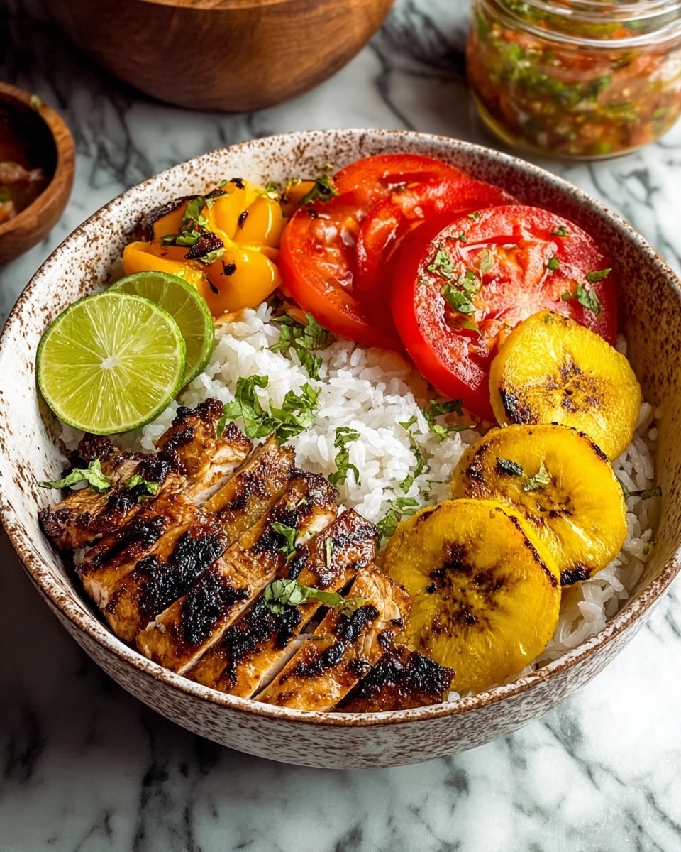 A bowl with white rice covering the base, topped with grilled chicken sliced into thick pieces with a slightly charred, dark brown texture. On one side, there are grilled yellow bell pepper slices with dark grill marks, and on another side, thinly sliced fresh red tomatoes sprinkled with green herbs. Next to the chicken, a peeled lime and several lime slices add a fresh green touch. On the opposite side, soft yellow plantain slices with a golden brown sear are arranged neatly. A few green herb leaves are scattered on top. The bowl is placed on a white marbled surface with a wooden bowl and jar with salsa in the background. photo taken with an iphone --ar 4:5 --v 7