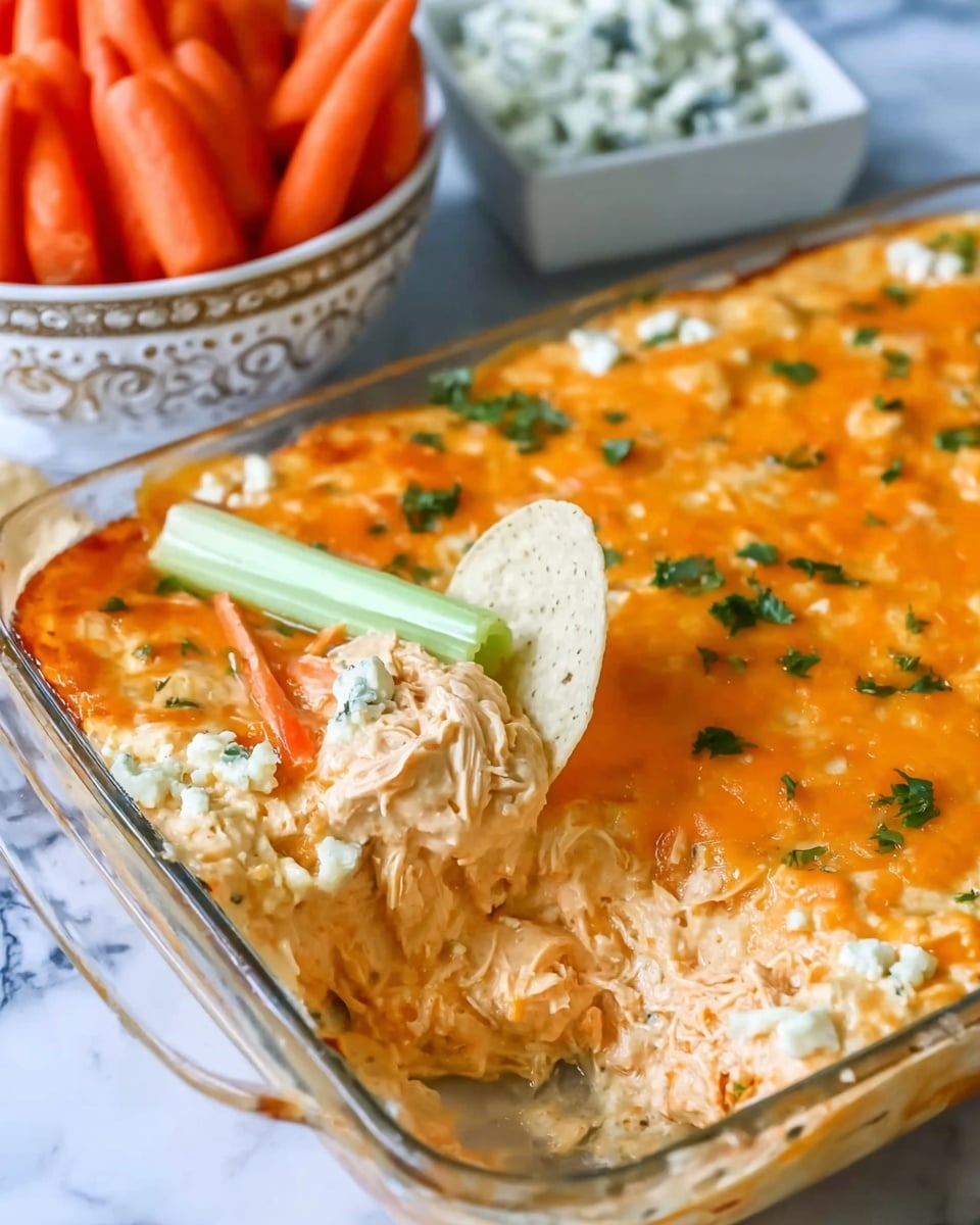 The image shows a glass baking dish filled with a layered dip. The bottom layer appears creamy, light orange with visible shredded chicken mixed in. The middle layer is a bright orange melted cheese topped unevenly across the surface. The top is sprinkled with green parsley bits. A tortilla chip is dipped into the creamy chicken layer near the edge, with a small celery stick and a baby carrot resting in the dip. In the background, there is a white bowl with a silver decorative rim, filled with baby carrots, placed on a white marbled surface next to a small white dish containing blue cheese crumbles. Photo taken with an iphone --ar 4:5 --v 7