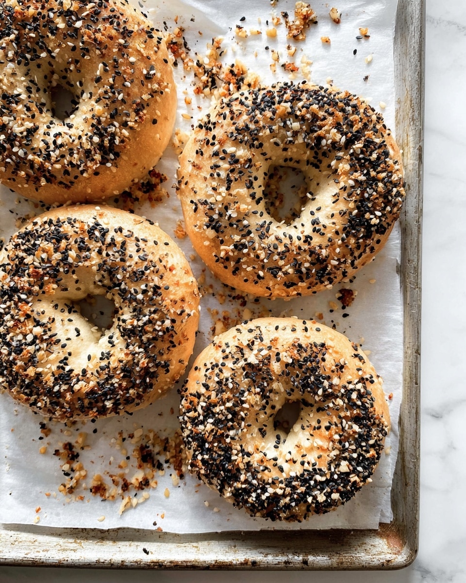 The image shows four round bagels with a light golden brown crust, each covered with a generous sprinkling of black and white sesame seeds, small bits of garlic, and coarse salt, creating a varied, textured surface. The bagels are arranged on a sheet of white parchment paper, which is placed on a metal tray with slightly worn edges. Small scattered pieces of seeds and garlic bits lie around the bagels, adding to the rustic feel. The overall setting has a clean, simple look with a white marbled background visible beneath the edges of the tray. photo taken with an iphone --ar 4:5 --v 7