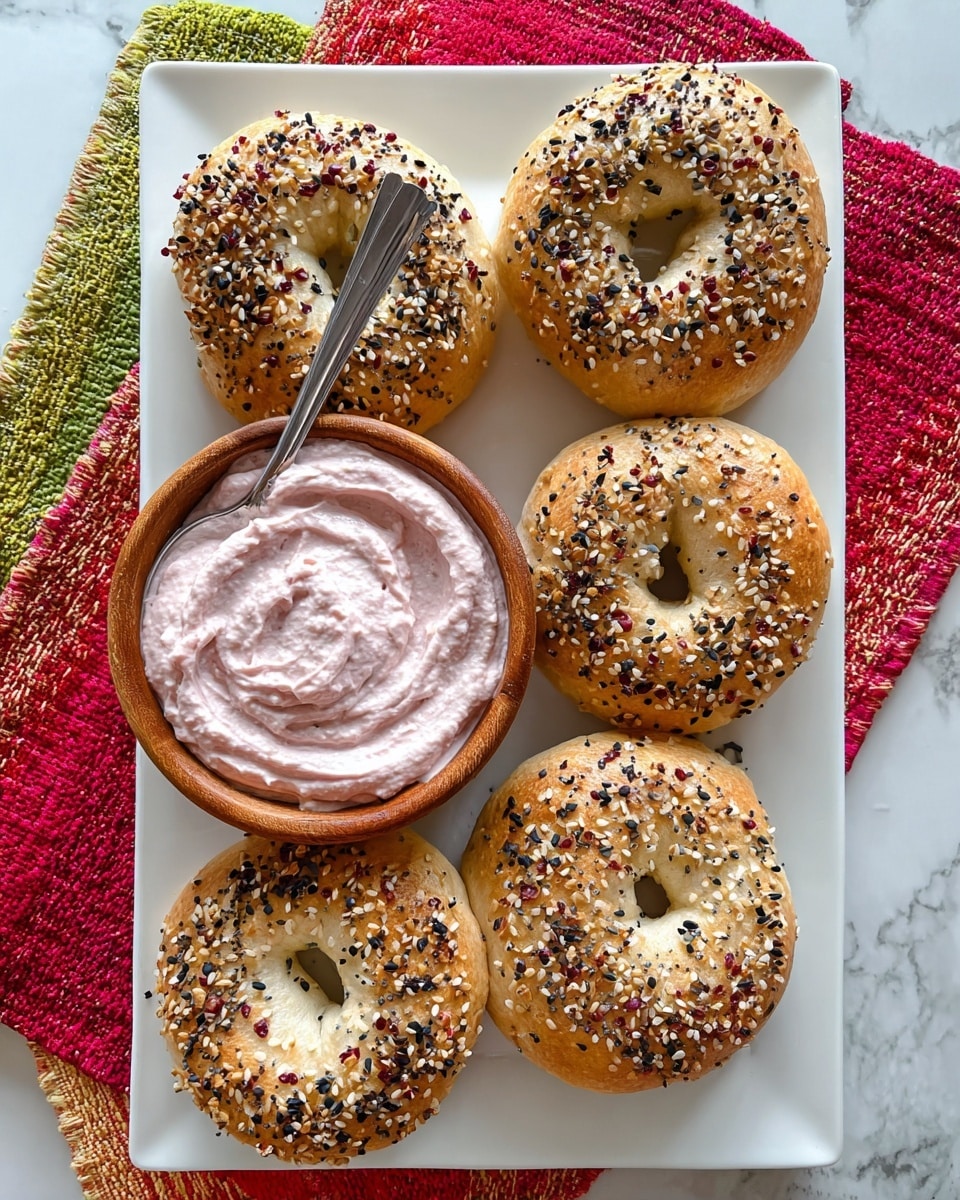 A white rectangular plate holds six golden brown bagels arranged in two rows of three. Each bagel is topped with a mix of black and white sesame seeds, poppy seeds, and small bits of dried onion, giving a textured and slightly crunchy look. Below the bagels, a small wooden bowl sits on the plate filled with a creamy pink spread, which has a smooth yet slightly swirled texture, with a silver spoon resting inside the bowl. The plate is set on a white marbled surface with colorful textured cloths in red, green, and multicolor peeking from the edges. Photo taken with an iphone --ar 4:5 --v 7